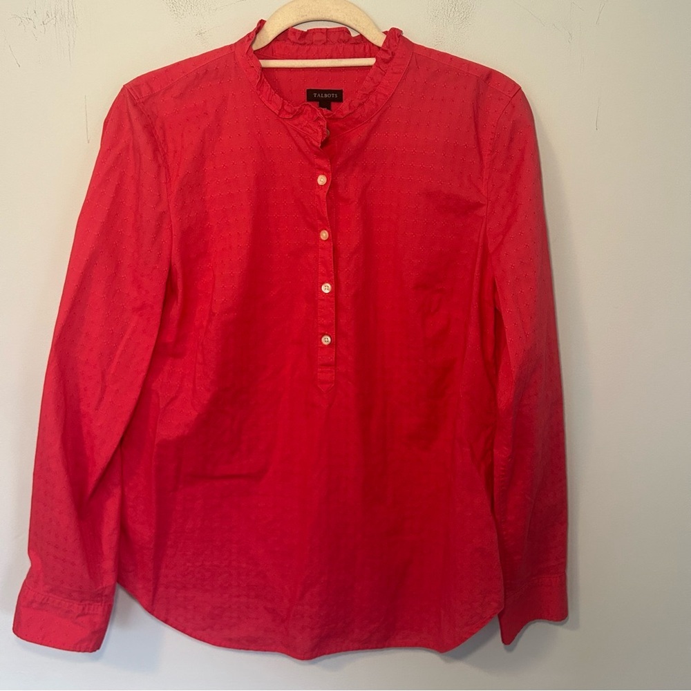 Talbots Coral Textured Ruffle Neck Long Sleeve Tunic Blouse Size Medium